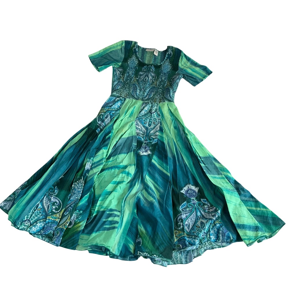 Draper's & Damon's Midi Dress Women Medium Green Paisley Smocked Cotton Boho